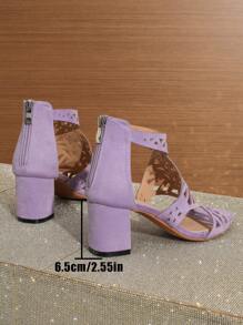 Sandalias de tacón grueso con punta abierta y diseño calado negro para mujer - Morado - Ver 6