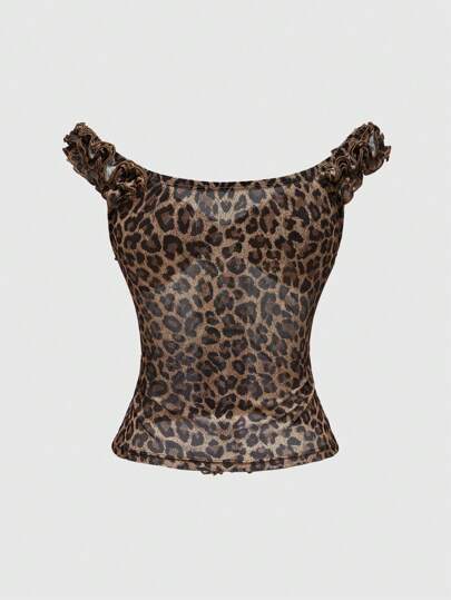 Hippie Camiseta vintage de leopardo con ribete de volantes para mujer, top de verano