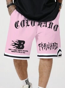 ROMWE MEN Street Life Quần short nam có dây rút in chữ thời trang và đa năng - Hồng - Xem 3