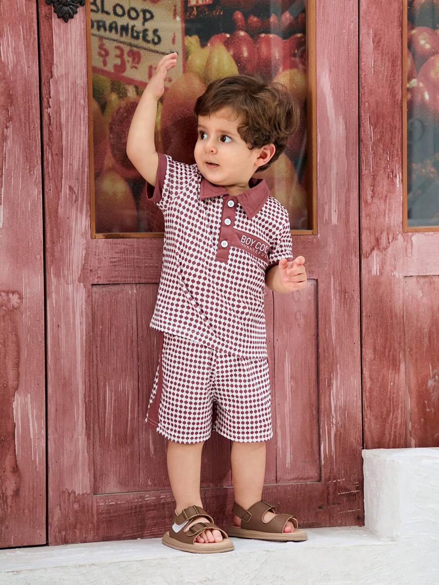 2pcs Baby Boys' Diamond Checked Polo Shirt And Shorts Set - Multicolor - View 1