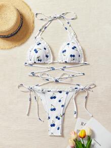 SHEIN Swim Women's Summer Beach Cherry Printed Ruffled Halter Halter Sexy Bikini Set - Blue and White - View 1