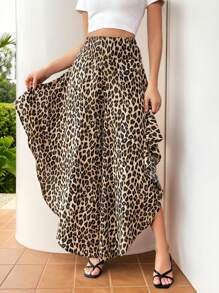 SHEIN Essnce Women's Summer Fashion Leopard Print Flare Pants With Ruffle Hem Casual Boho - Multicolor - View 4