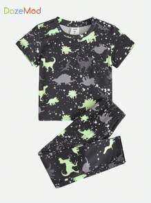 SHEIN Young Boy Reflective Dinosaur Print Snug Fit PJ Set - Black - View 1