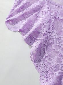 SHEIN 花卉蕾丝十字交叉开裆连体衣内衣，适合外出穿着 - 紫色 - 查看 4