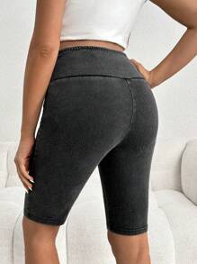 SHEIN Spodenki dżinsowe ciążowe Slim Fit Bermudy Elastyczny krzyż w pasie Czarne