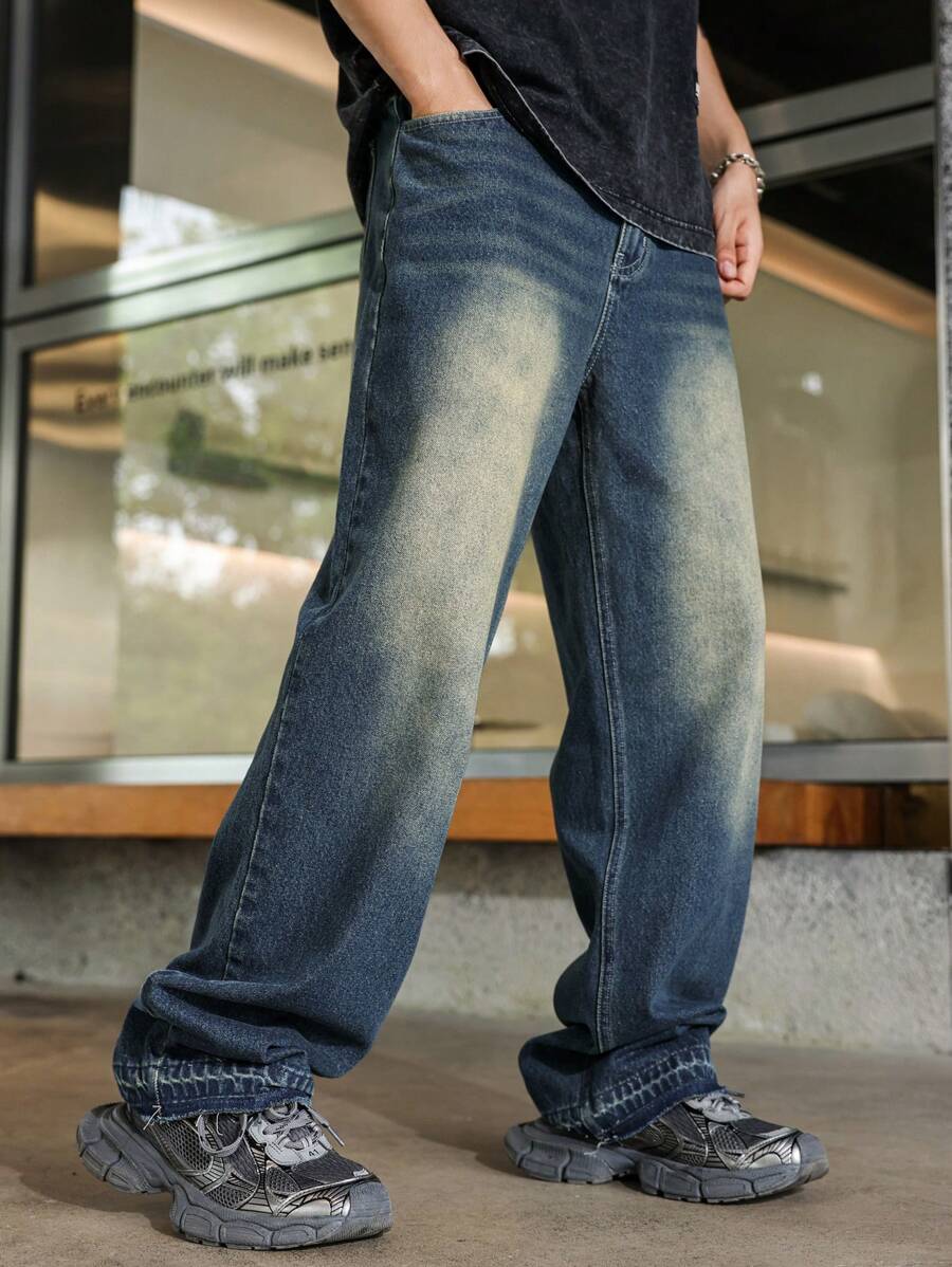 Jeans retro holgados de dos tonos en azul oscuro para hombres - Azul lavado oscuro - Ver 1