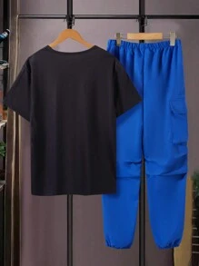 Teen Girl Portrait Printed Short Sleeve Top And Solid Color Pants Summer Cool Streetwear 2pcs/Set - Blue - View 2