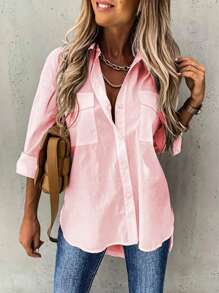 Camisa polo de unicolor casual de talla grande, rosa, primavera - Rosa - Ver 1