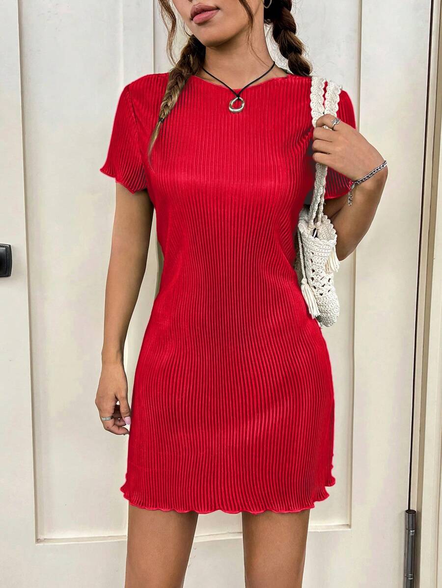SHEIN EZwear 夏季綠寶石純色萵苣邊連衣裙 - 紅色 - 查看 1