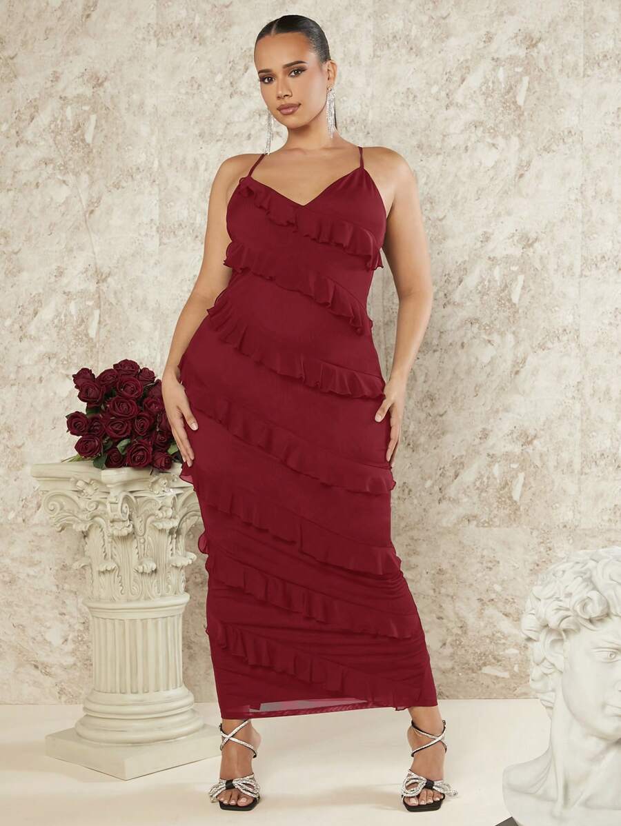 SHEIN BAE 大码女式长款浪漫荷叶边后开衩细肩带连衣裙 - 酒紅色 - 查看 1