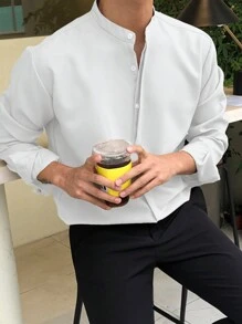 DAZY Koszula męska z kołnierzykiem stójkowym i guzikami, jesienna koszula męska z długim rękawem