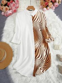SHEIN Essnce Robe-chemise pour femmes d'été décontractée à boutons imprimée en blocs de couleurs avec manches retroussées