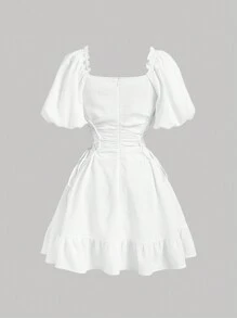 SHEIN MOD 方領泡袖綁帶側邊荷葉半身牛奶娃娃裙 - 白色 - 查看 2