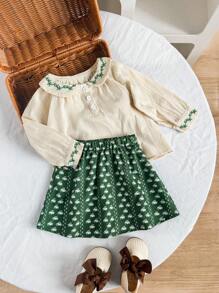 Baby Mädchen elegantes besticktes Hemd mit Kragen und Langarm und bedrucktem Rock Set, passend für Urlaubsleisure und niedliche Ausflüge