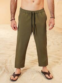 Manfinity RSRT Men's Solid Color Drawstring Waist Capri Loose Casual Pants With Side Pockets - Army Green - View 6