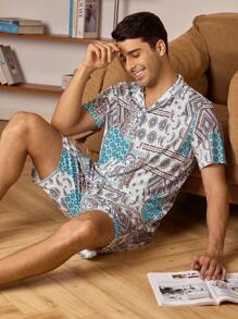 Men Patchwork Print Top & Shorts PJ Set / Pajama Set