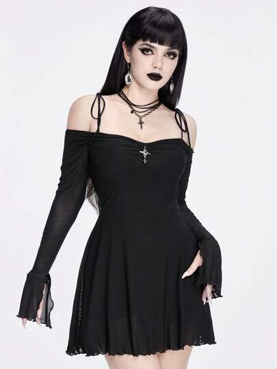 Goth Sexy Cold Shoulder Cross Mesh Bodycon Dress With Twist Knot And Cross Pendant, For New Year
