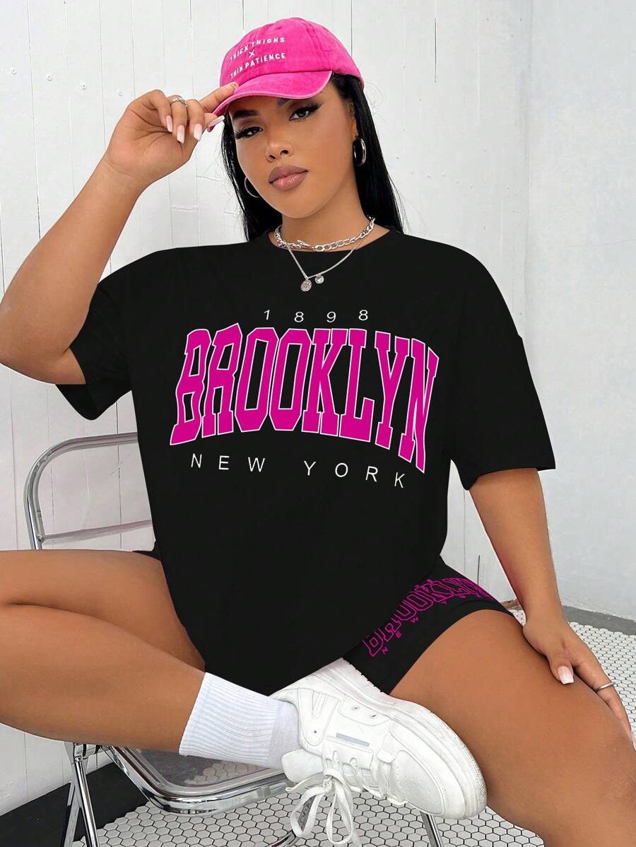 Flirla Plus Letter Graphic Drop Shoulder Tee & Biker Shorts - Black - View 1