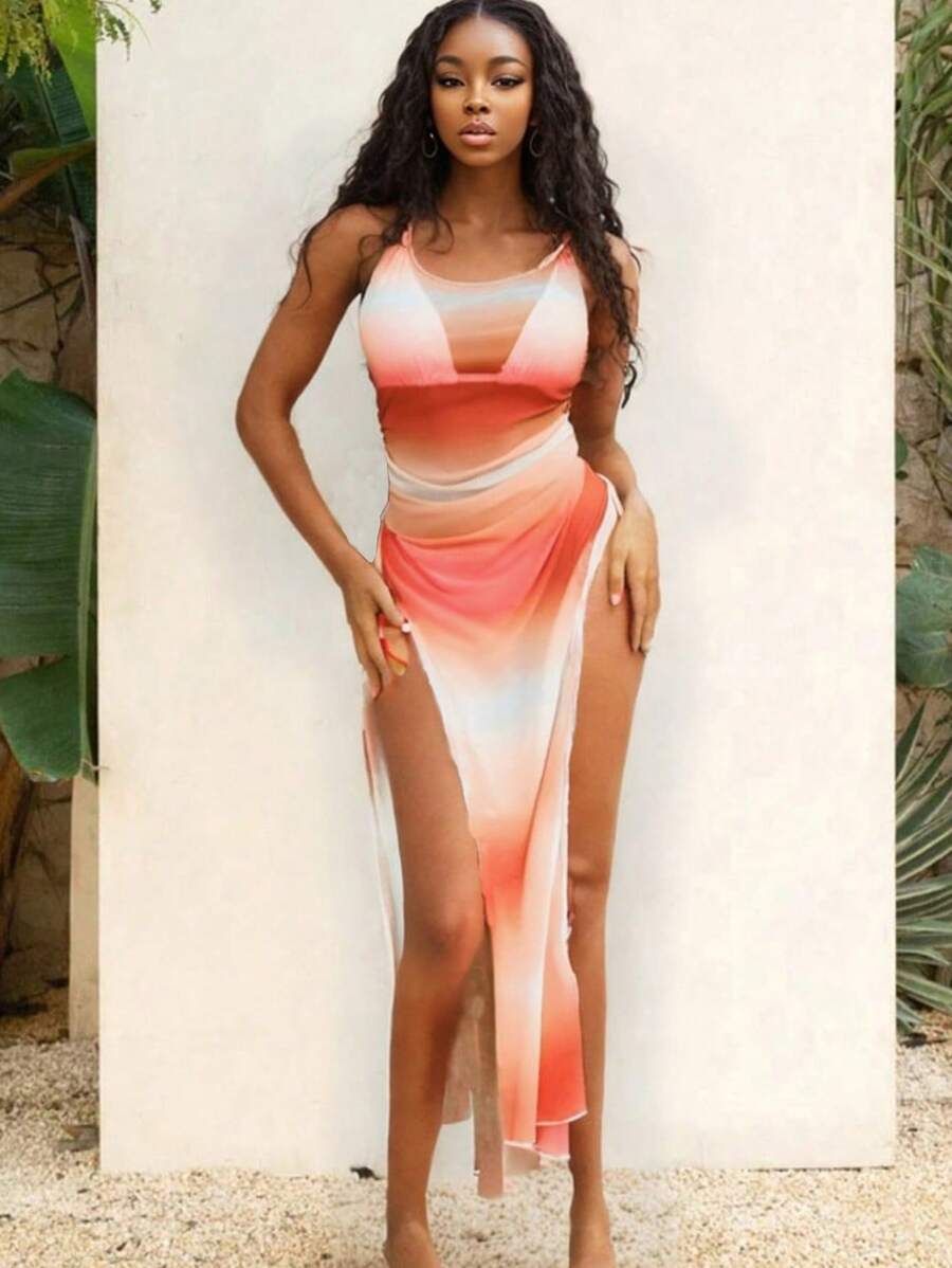 SHEIN Swim Women Beach Gradient Side Drawstring Split Cami Dress Cover Up Summer - Multicolor - View 1