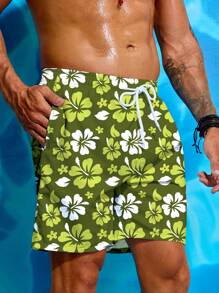Surfspeed Men's Floral Printed Drawstring Elastic Waist Loose Beach Shorts, Holiday - Olive Green - View 4