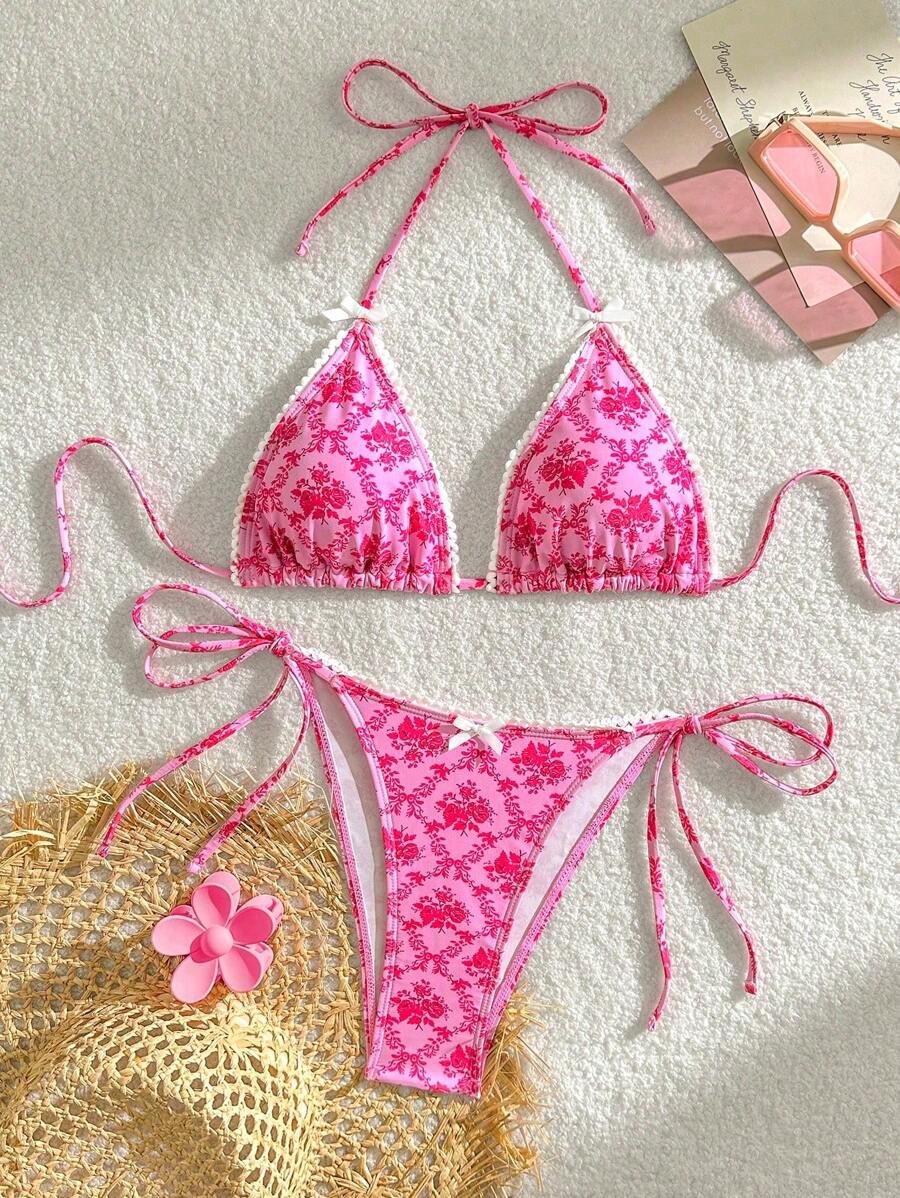 Swim Mod Women's Summer Beach Floral Pattern Halter Neck Tie Sexy Bikini Set - Hot Pink - View 1