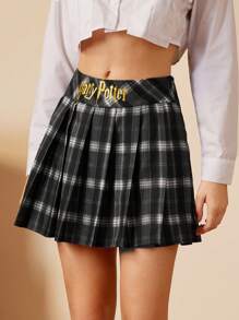 HARRY POTTER X SHEIN Falda plisada de cuadros para mujer con estampado de letras - Negro - Ver 3