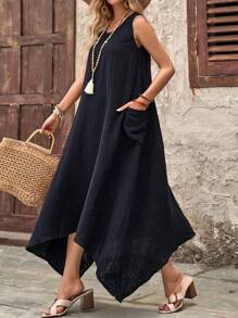 EMERY ROSE 女士無袖不對稱口袋連衣裙，夏季款 - 黑色 - 查看 1