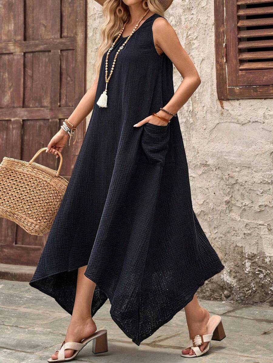 EMERY ROSE 女士無袖不對稱口袋連衣裙，夏季款 - 黑色 - 查看 1