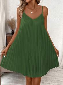 SHEIN Clasi 橙色褶皱露肩连衣裙珊瑚色连衣裙春季连衣裙 - 墨綠色 - 查看 4