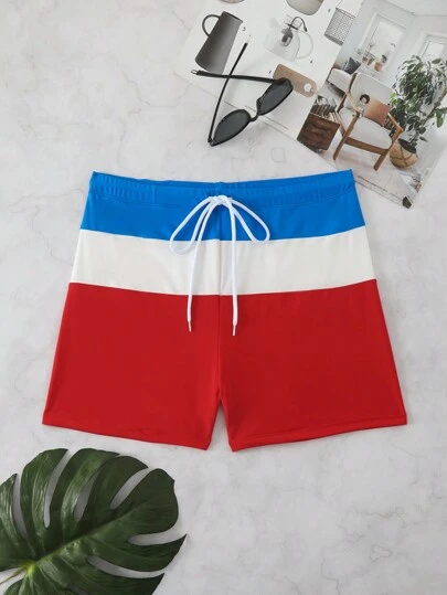 Surfspeed Men's Plus Size Drawstring Waist Color Block Vacation Beach Swim Shorts