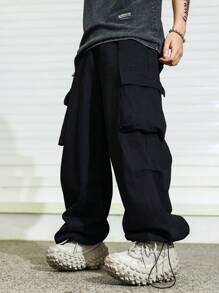 Manfinity Hypemode Men's Black Denim Workwear Baggy Jeans With Multiple Pockets And Wide Leg - Black - View 6
