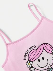 Mr Men Little Miss X SHEIN Tween Girl Cartoon Printed Pink Cute Cami Top & Two Tone Cuffed Hem Shorts Set - Pink - View 4