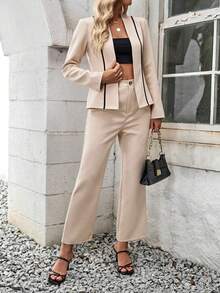 SHEIN Clasi Color Block Slim Fit Women's Suit Set With Long Sleeved Open Front Blazer And Pants - Apricot - View 3