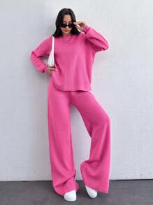 RueChic 春秋季節下墜肩毛衣和針織褲 - 粉色 - 查看 4