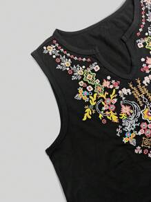 INAWLY 夏季休閒花卉刺繡V領坦克背心 - 黑色 - 查看 3