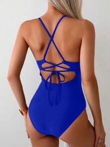 SHEIN Swim Stitch Detail One Piece Swimsuit Summer - Royal Blue - View 2