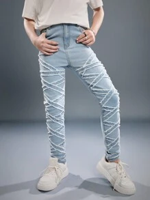 SHEIN Tween Boys' Casual Soft Simple Everyday Rough Edge  Blue Denim Jeans,For Spring/Summer - Light Wash - View 4