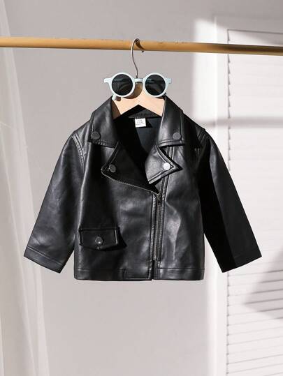 SHEIN Playful Pals 1pc Stylish Black Faux Leather Jacket For Baby Boys, Spring & Autumn,Toddler Infant Boys Black Faux Leather Moto Jacket  Kids Biker Coat Stylish Toddler Boys Girls Black PU Leather Outerwear Cool Biker Jacket Fashion Kids Boys Girls Black Leather Look Zipper Jacket Long Sleeve Motorcycle Coat