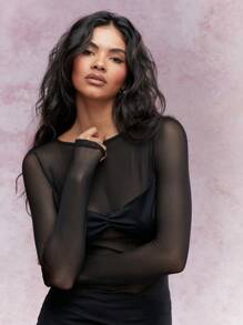 MISSGUIDED Durchsichtiges Oberteil mit tiefem Ausschnitt, verdrehtem Knotendetail und langen Ärmeln