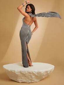 SHEIN Unity Stripe Satin Cowl Neck Dress With Sash
