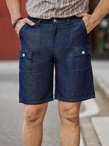 Manfinity Homme Pantalones cortos de mezclilla para hombre con bolsillos con solapa
