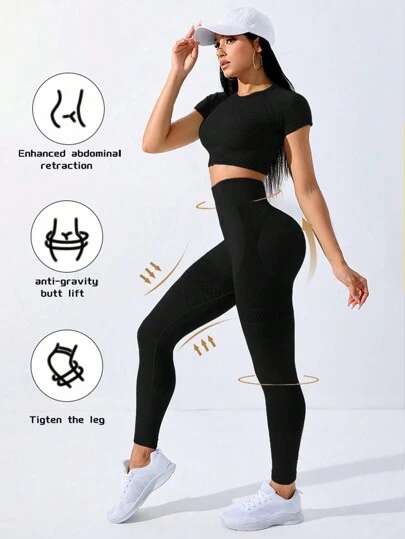 Easithlete 女士无缝高弹力运动 T 恤和紧身裤健身套装