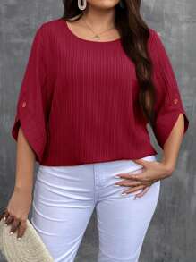 SHEIN LUNE Plus Solid Button Detail Blouse - Red - View 5