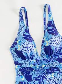 Swim SPRTY Tropical Printed Deep V-Neck Spaghetti Strap Slim Fit One-Piece Swimsuit For Summer Beach - Multicolor - View 2