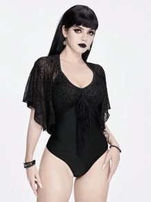 ROMWE Goth Spider Web Print One Piece Swimsuit - Black - View 5