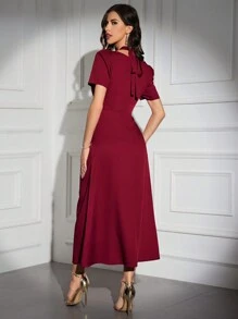 Modelyn Burgundy Red Solid Tie Back Puff Sleeve Dress - Burgundy - View 2