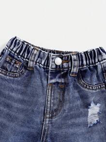 SHEIN Jeans rasgados de cintura elástica para bebé niño - Azul lavado oscuro - Ver 6