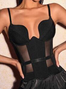 SHEIN SXY Corpiño de copa para el pecho Top de verano para mujer, parte superior de tirantes sexi con unicolor empalmado y ajuste delgado transparente