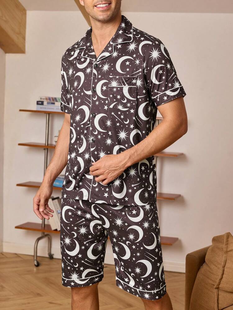 男士月亮印花纽扣前开襟露脐上衣和短裤睡衣套装/睡衣套装 - 黑色 - 查看 4