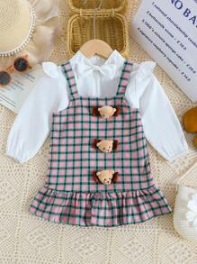 嬰兒女寶寶格紋襯衫泰迪熊裝可愛長袖服裝 - 粉色 - 查看 3